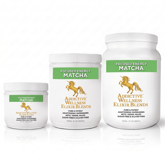 Three white plastic supplement containers of Addictive Wellness Elixir Blends in Focused Energy Matcha, shown in 4 oz, 16 oz, and 32 oz sizes on a white background with a faint reflection.