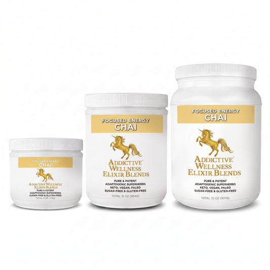 Three white plastic supplement containers with white lids on a plain white background. The labels are for Addictive Wellness products: a small jar of Focused Energy Chai, a medium tub of Addictive Wellness Elixir Blends, and a large jar of Addictive Wellness Elixir Blends.