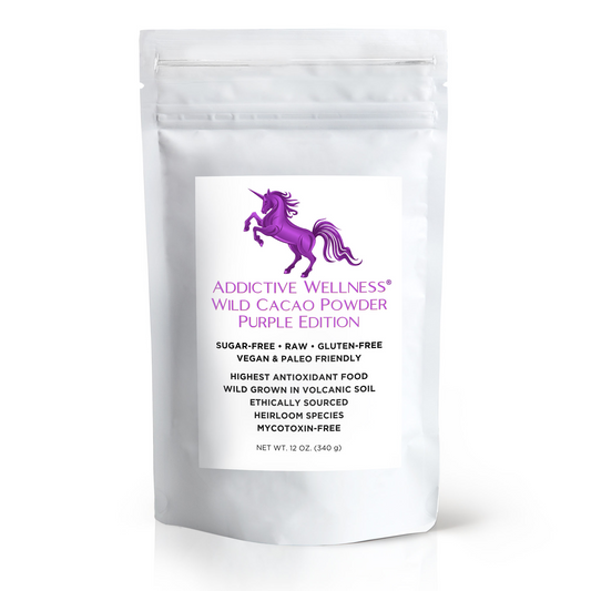 White packaging of Addictive Wellness Wild Cacao Powder with a unicorn logo on a white background