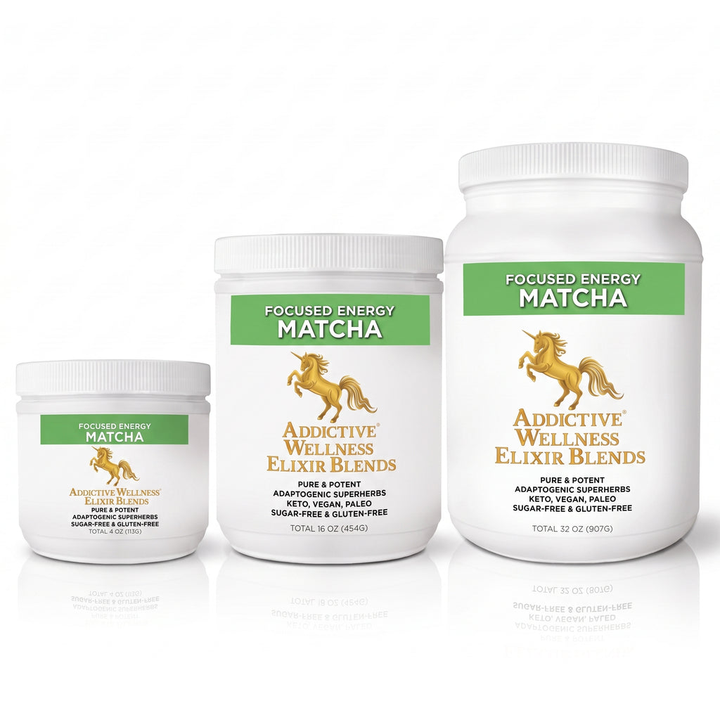 Three white plastic supplement containers of Addictive Wellness Elixir Blends in Focused Energy Matcha, shown in 4 oz, 16 oz, and 32 oz sizes on a white background with a faint reflection.