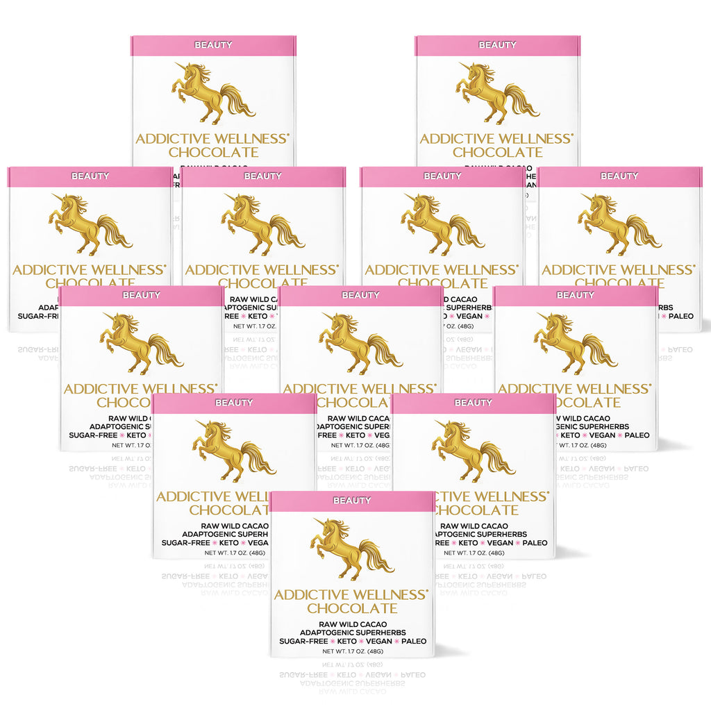 Multiple packages of Addictive Wellness Chocolate with a gold horse logo on a white background