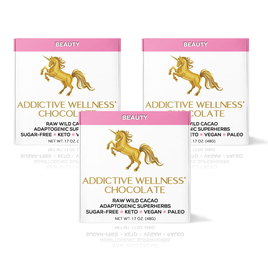 Two packages of Addictive Wellness Chocolate with a unicorn logo on a white background