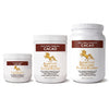 Three white plastic supplement jars of Focused Energy Cacao by Addictive Wellness, arranged by size from left to right, on a clean white background.