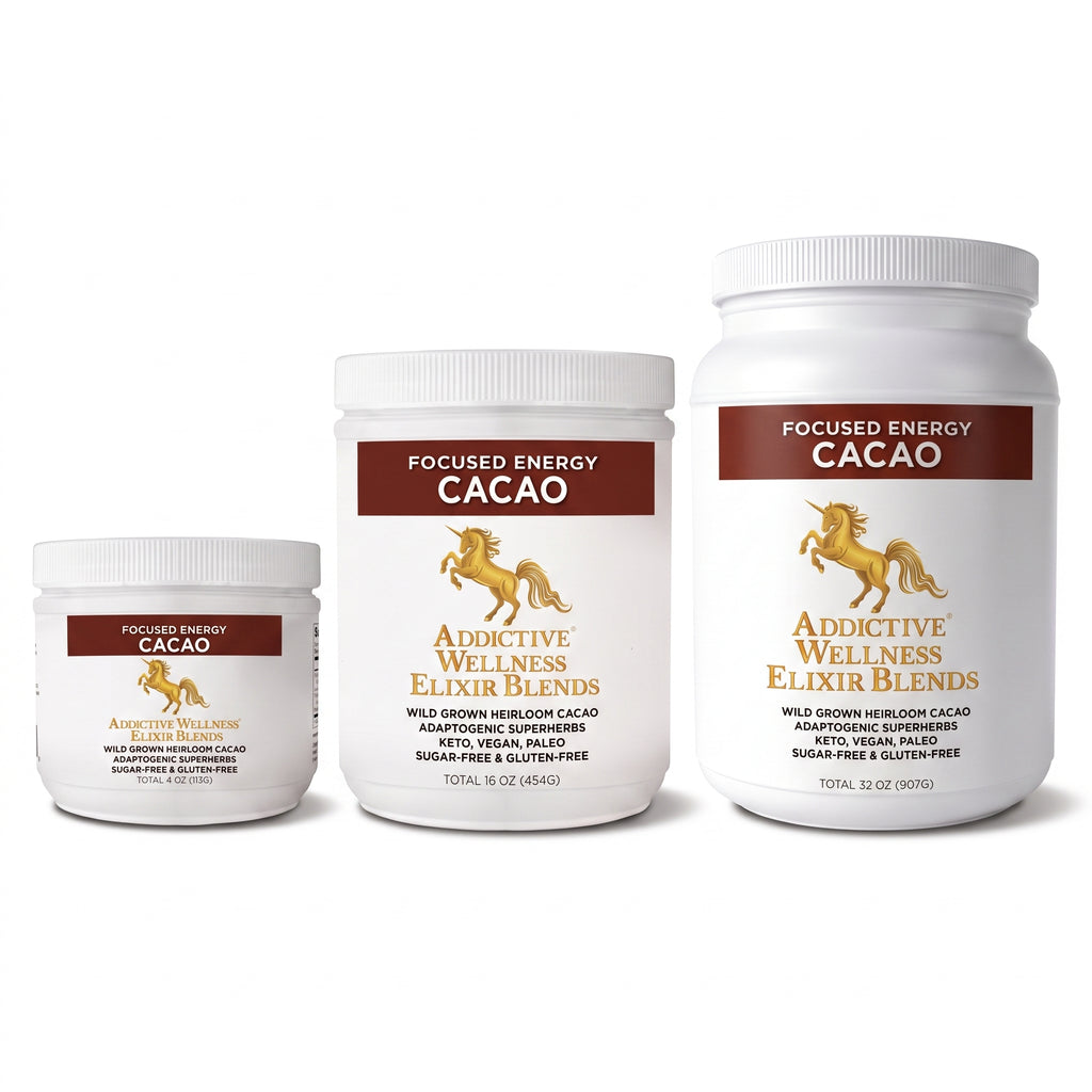 Three white plastic supplement jars of Focused Energy Cacao by Addictive Wellness, arranged by size from left to right, on a clean white background.
