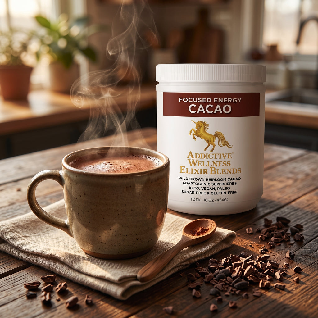 A white tub of Addictive Wellness Elixir Blends Focused Energy Cacao sits on a rustic wooden table next to a steaming mug, a wooden spoon, and scattered cacao pieces.
