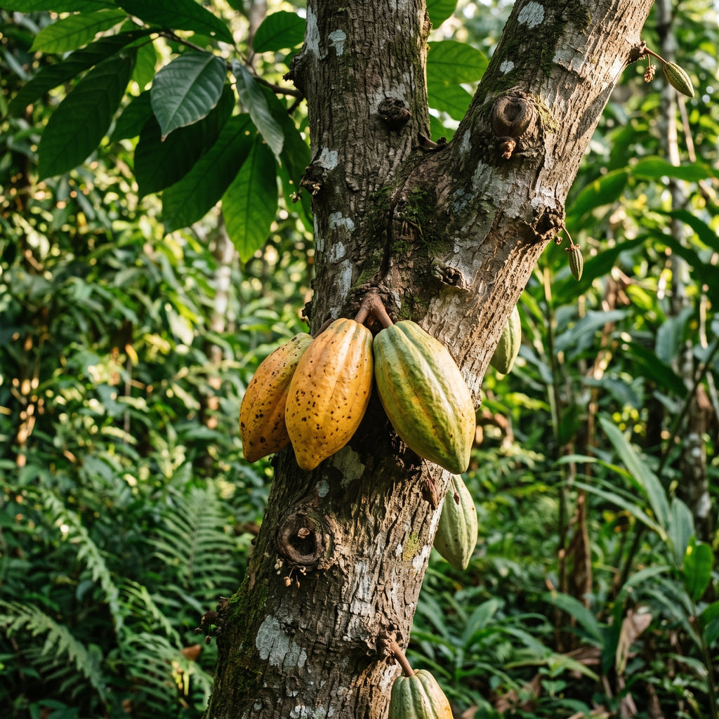 Three cacao pods, two yellow and one green, growing on a cacao tree trunk in a lush tropical forest.
