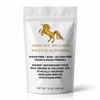 A white stand-up pouch of Addictive Wellness Wild Cacao Powder with a gold unicorn logo and black and gold text on a clean white background.