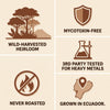 A 2x3 grid of brown icon illustrations and text on a light beige background, highlighting product attributes: wild-harvested heirloom trees, mycotoxin-free shield, third party tested flask icon, never roasted flame icon, and Ecuador map icon.