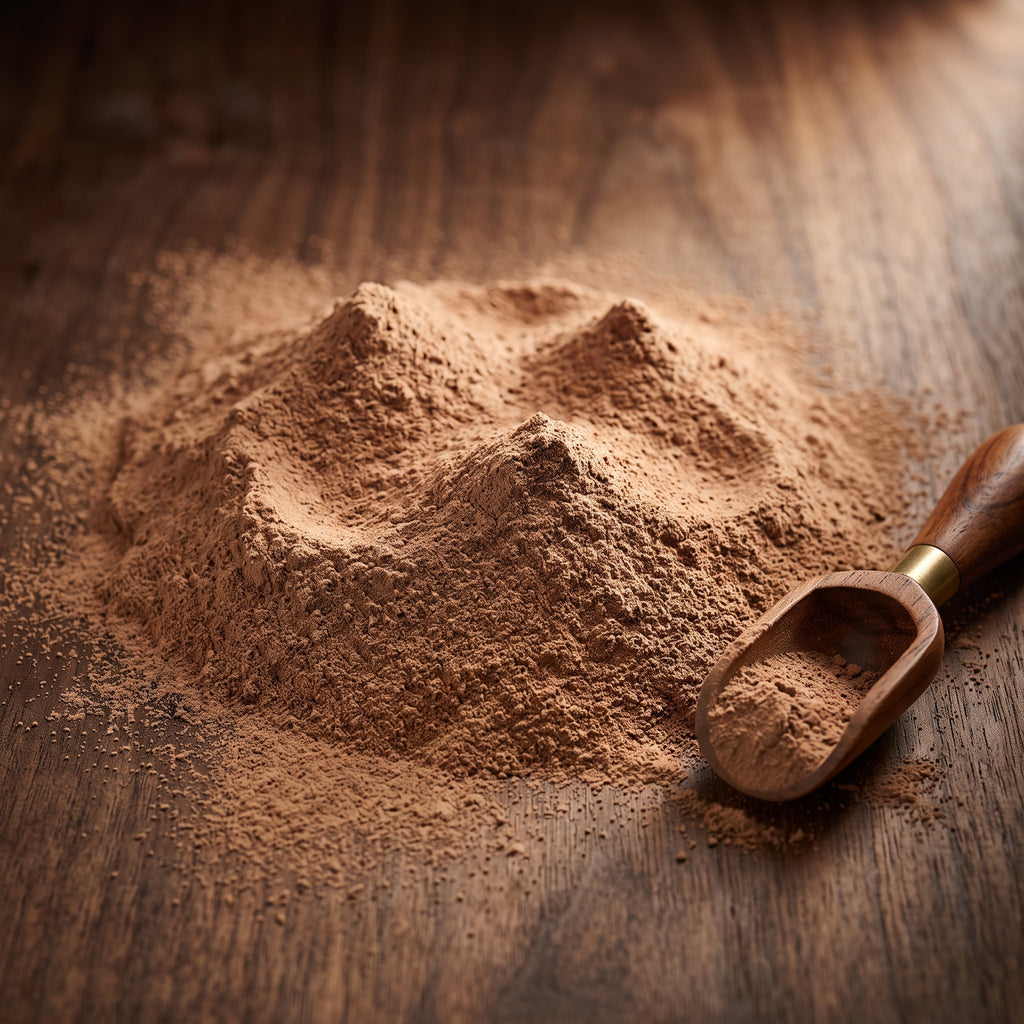 A mound of fine brown powder, likely cocoa powder or coffee grounds, scattered on a dark wooden surface next to a small wooden scoop with a brass-colored accent.