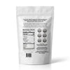 The back of a white stand-up pouch package, showing printed text, a nutrition facts panel, circular certification logos, and contact information for Addictive Wellness on a white background.