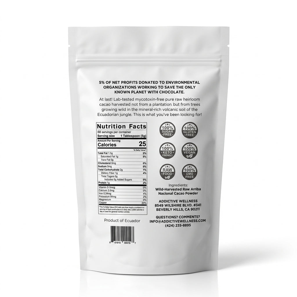 The back of a white stand-up pouch package, showing printed text, a nutrition facts panel, circular certification logos, and contact information for Addictive Wellness on a white background.
