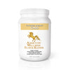A white plastic supplement tub labeled 'Focused Energy Chai' by Addictive Wellness Elixir Blends, featuring a gold unicorn logo and text, on a white background with a soft reflection below.