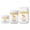Three white plastic supplement containers with white lids on a plain white background. The labels are for Addictive Wellness products: a small jar of Focused Energy Chai, a medium tub of Addictive Wellness Elixir Blends, and a large jar of Addictive Wellness Elixir Blends.