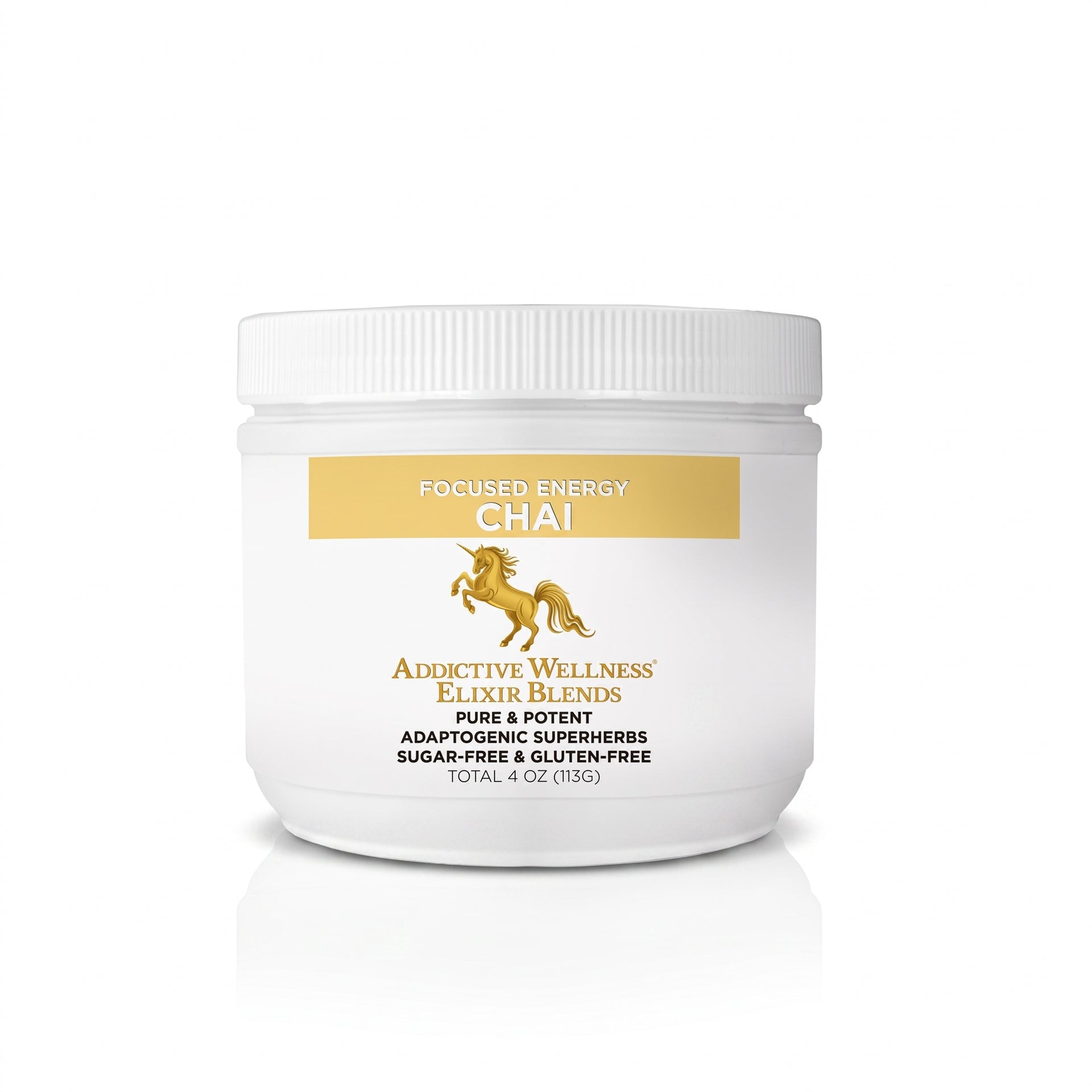A white plastic jar of Addictive Wellness Elixir Blends Focused Energy Chai, featuring a gold label with a horse graphic, on a clean white background with a soft reflection.