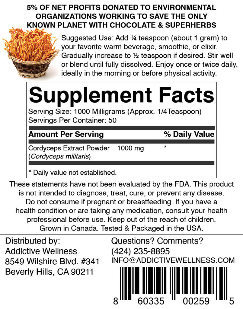 Supplement label with Cordyceps Extract Powder details and branding information.