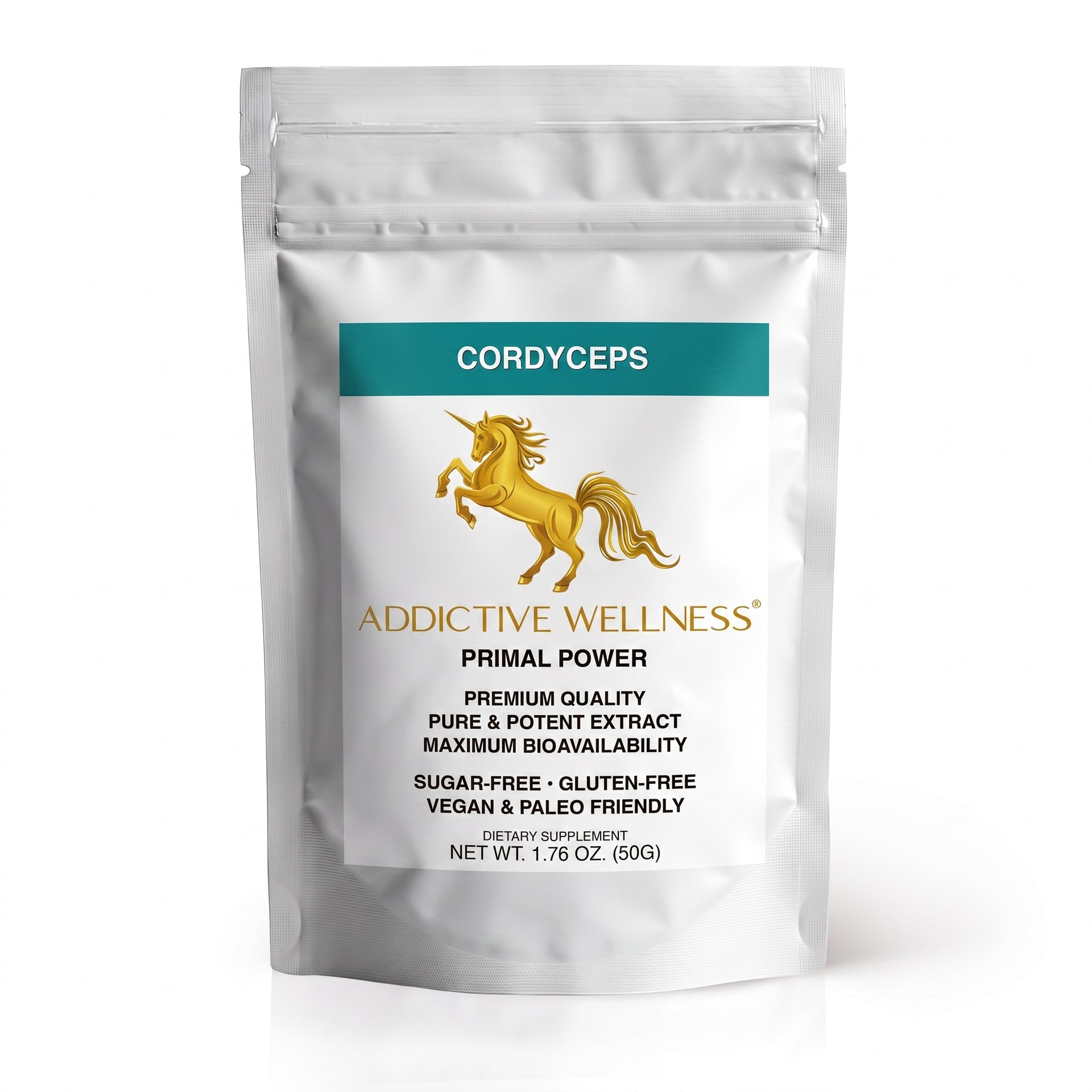 A silver stand-up pouch of Addictive Wellness Cordyceps Primal Power dietary supplement, featuring a teal label and a gold unicorn logo on a white background.