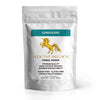A silver stand-up pouch of Addictive Wellness Cordyceps Primal Power dietary supplement, featuring a teal label and a gold unicorn logo on a white background.