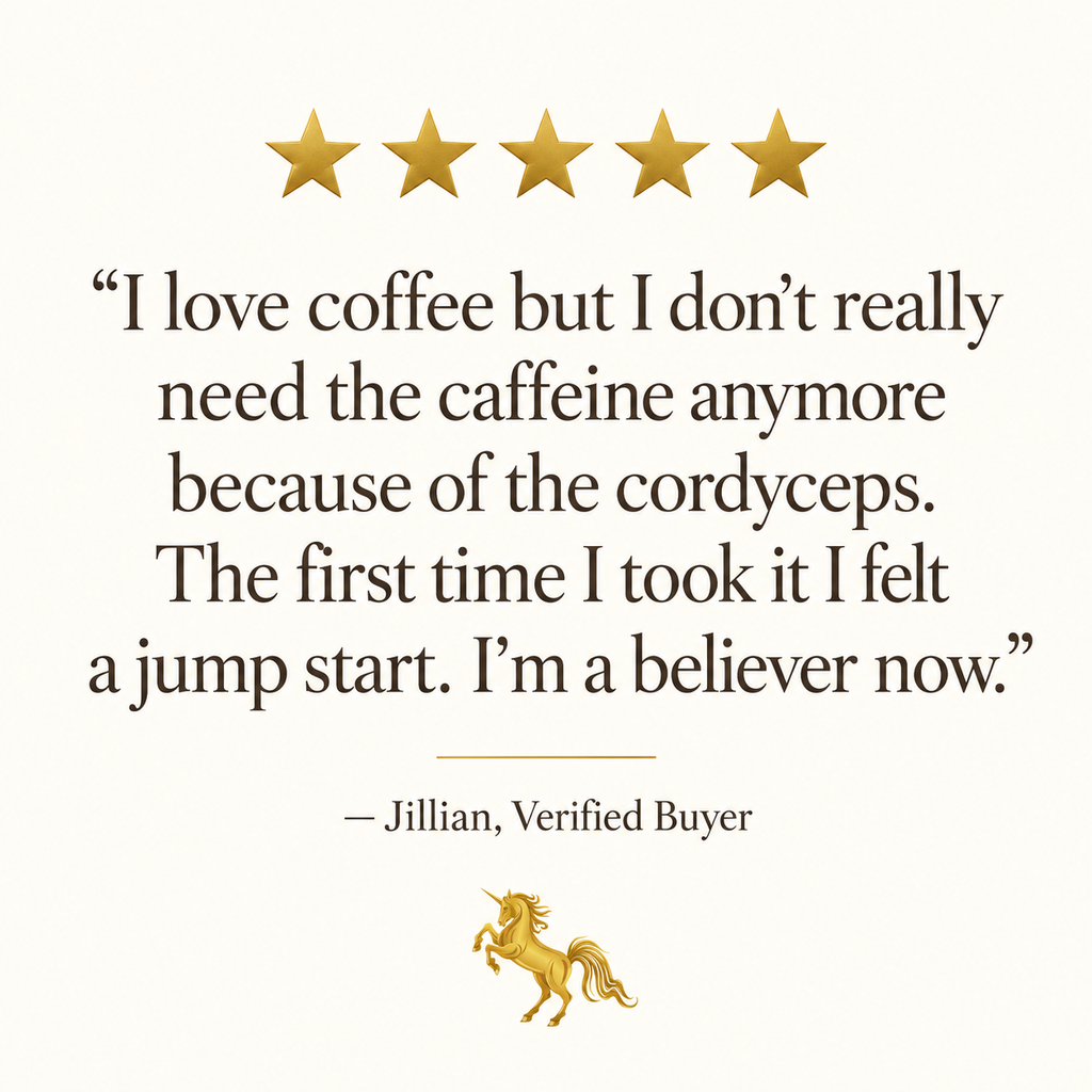 A five-star review graphic on a cream background, featuring a gold 5-star rating at the top, a quote about coffee and cordyceps by Jillian, Verified Buyer, in dark brown text, and a small gold unicorn illustration at the bottom.