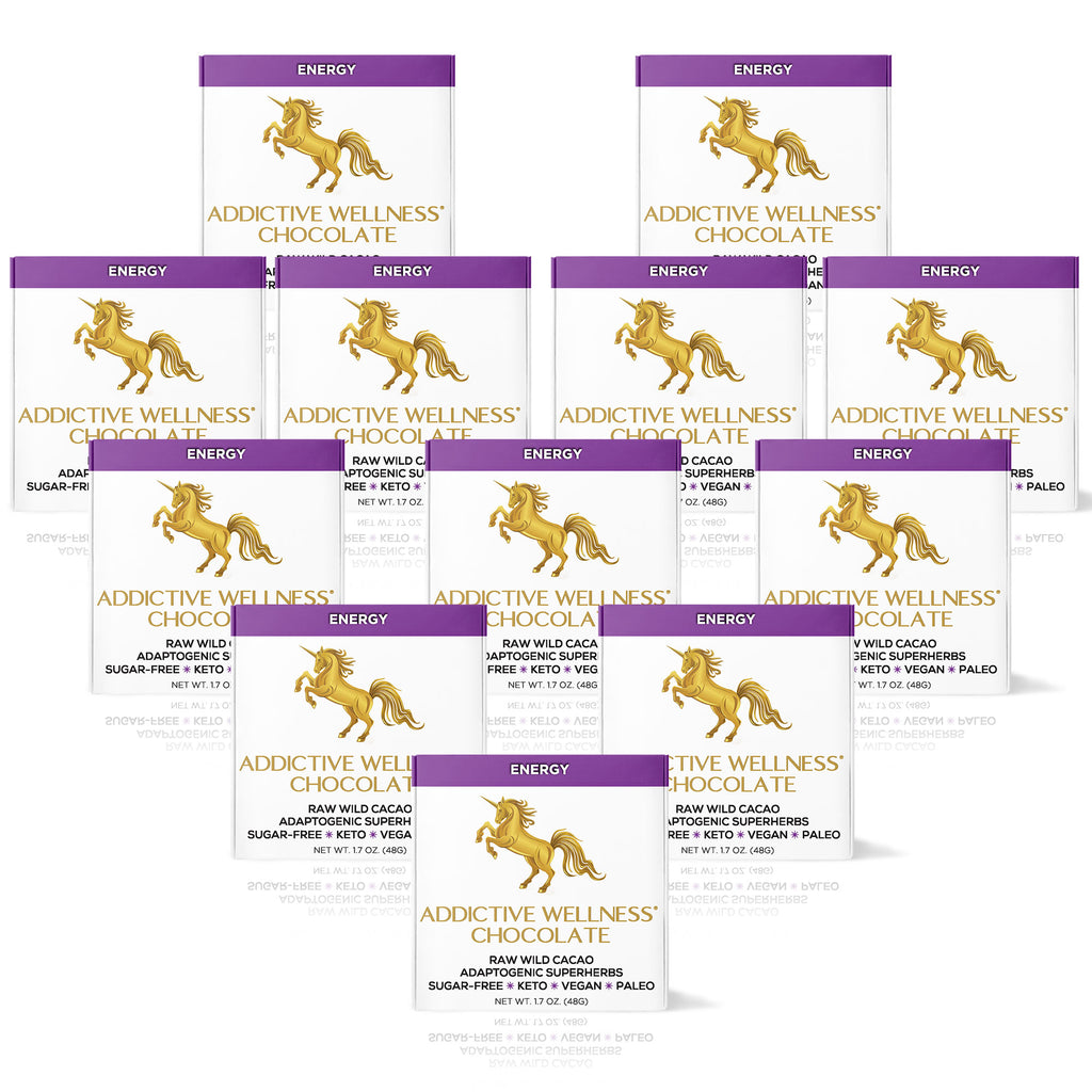 Multiple packages of Addictive Wellness Chocolate with a horse logo on a white background