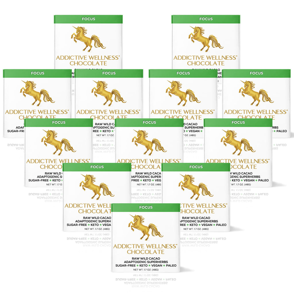 Multiple packages of Addictive Wellness Chocolate with a gold horse logo on a white background