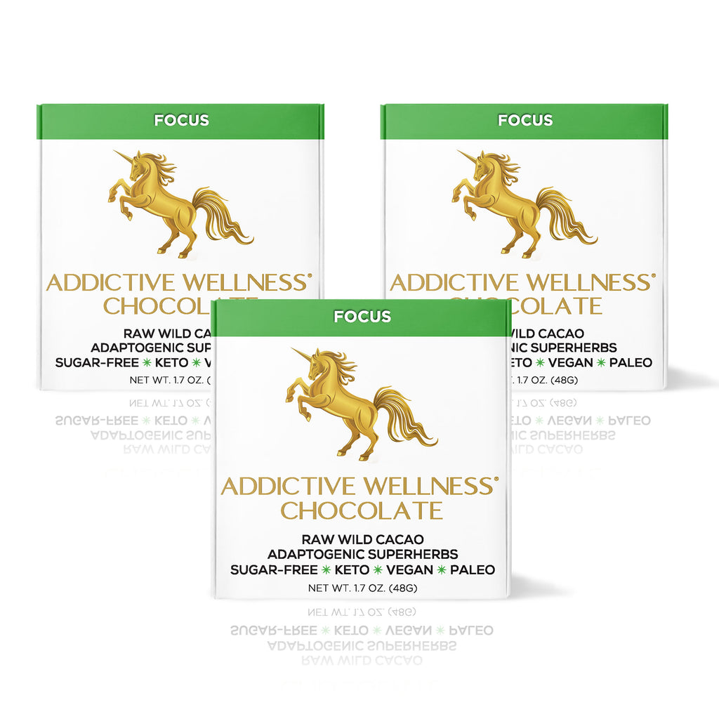 Three packages of Addictive Wellness Chocolate with a unicorn logo on a white background
