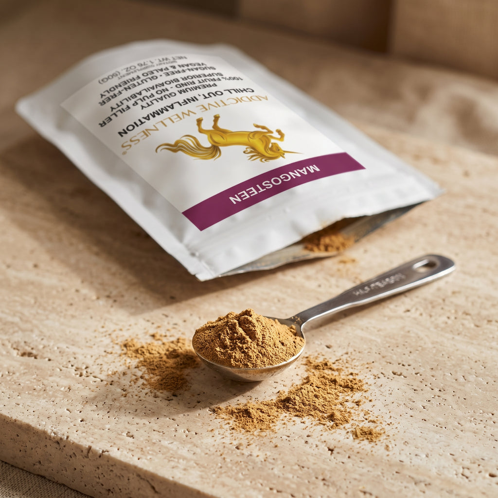 A white stand-up pouch labeled 'Doctor Wellness Mangosteen' with a gold horse logo and purple band, shown on a beige stone surface with a metal spoon holding loose brown powder spilled in front.