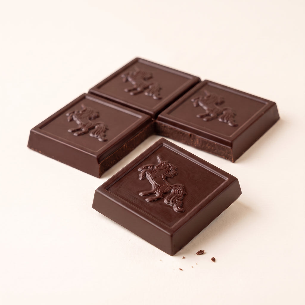 Four dark chocolate squares with embossed unicorn designs, arranged on a clean off-white background.