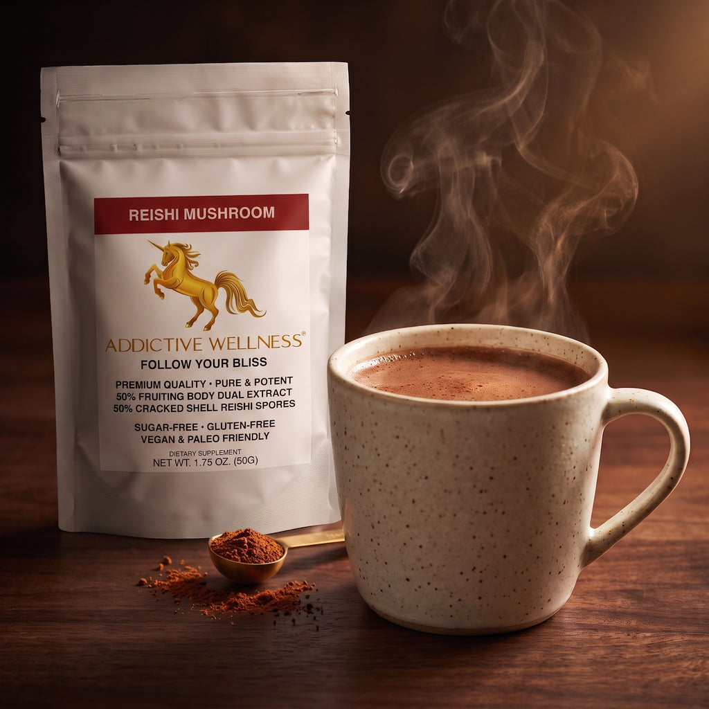 A white stand-up pouch of Reishi Mushroom extract by Addictive Wellness stands next to a steaming ceramic mug on a dark wooden surface, with a small spoonful of the brown powder in front.