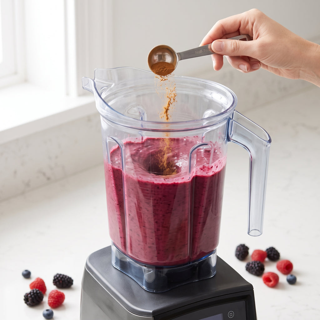 A clear blender pitcher filled with a deep berry smoothie sits on a blender base in a bright kitchen, while a hand adds a brown powder from a metal measuring spoon.