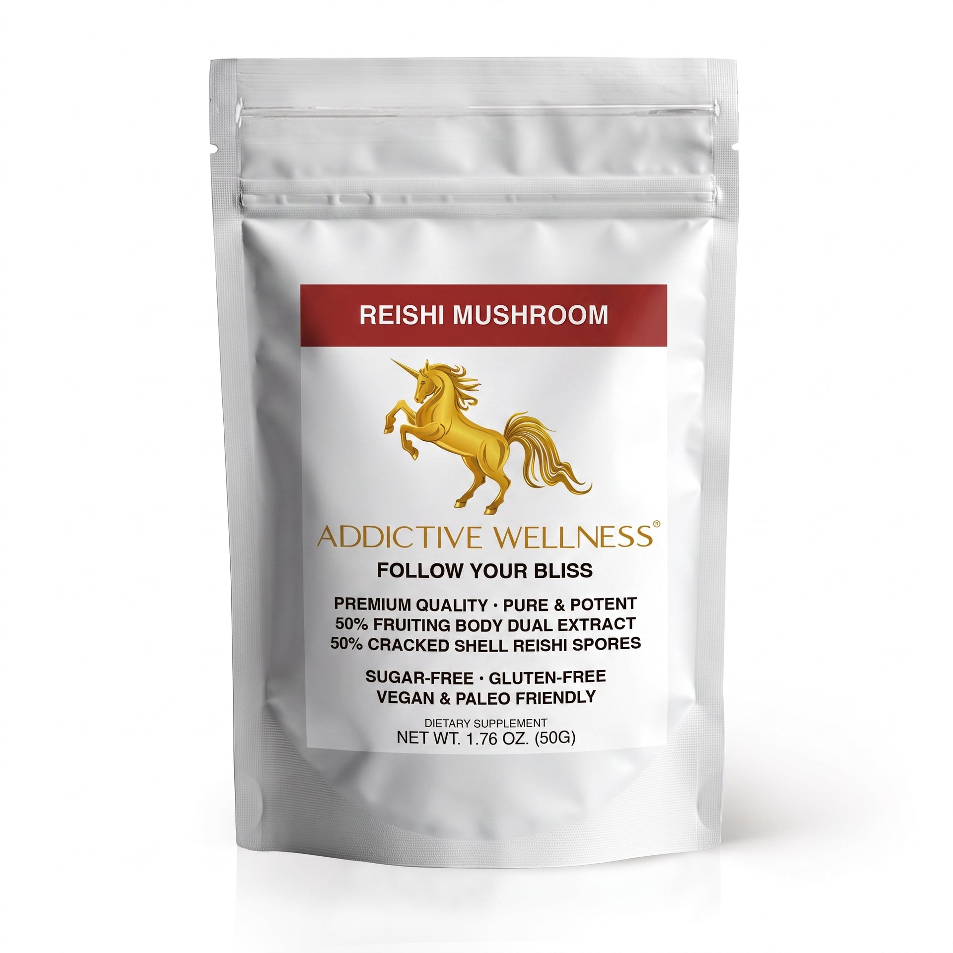 A silver stand-up pouch of Addictive Wellness Reishi Mushroom dietary supplement, featuring a white label with a red header, gold unicorn logo, and black text on a white background.