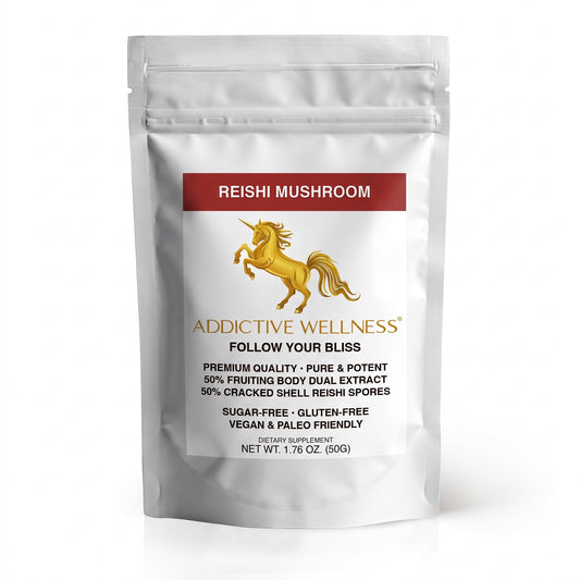 A silver stand-up pouch of Addictive Wellness Reishi Mushroom dietary supplement, featuring a white label with a red header, gold unicorn logo, and black text on a white background.