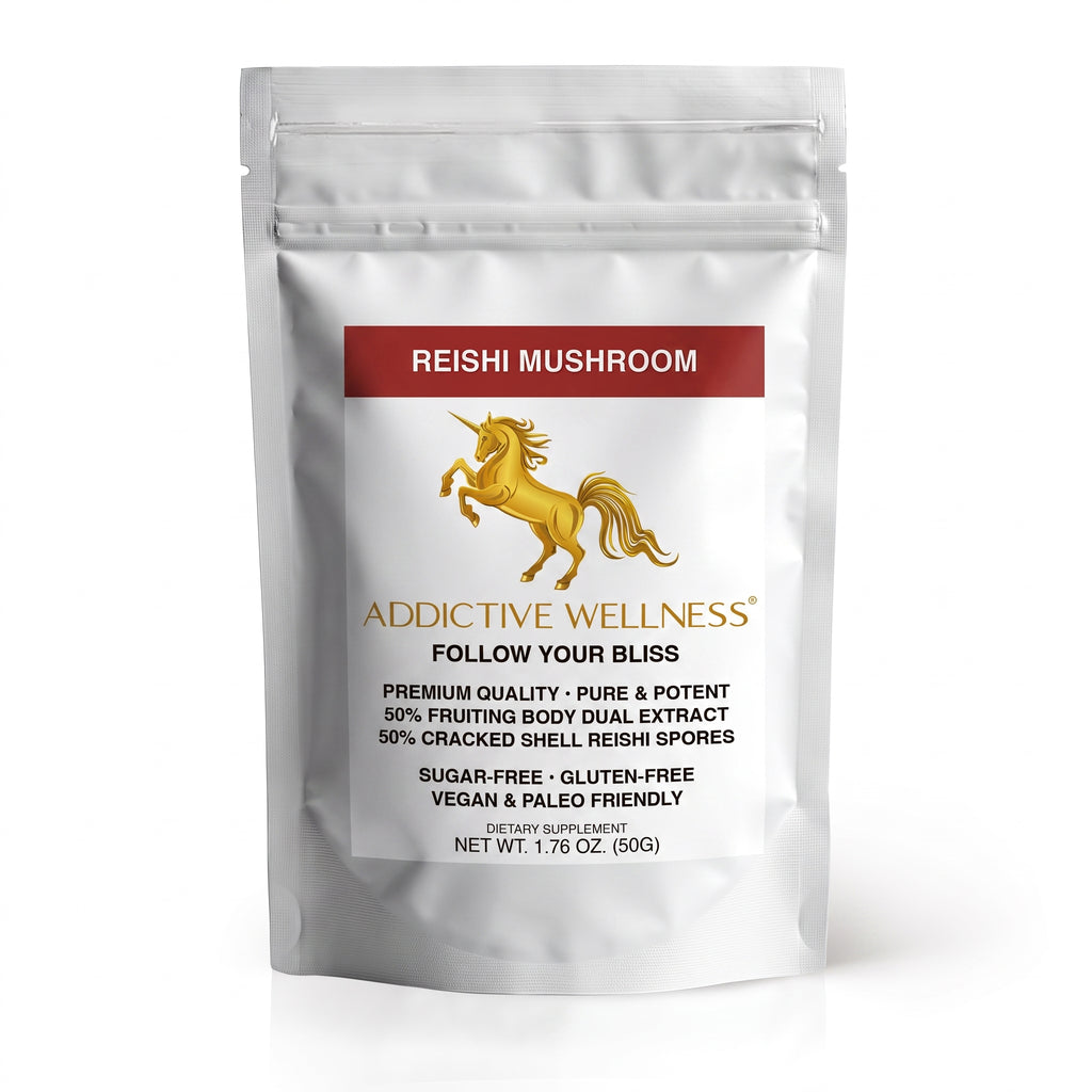 A silver stand-up pouch of Addictive Wellness Reishi Mushroom dietary supplement, featuring a white label with a red header, gold unicorn logo, and black text on a white background.