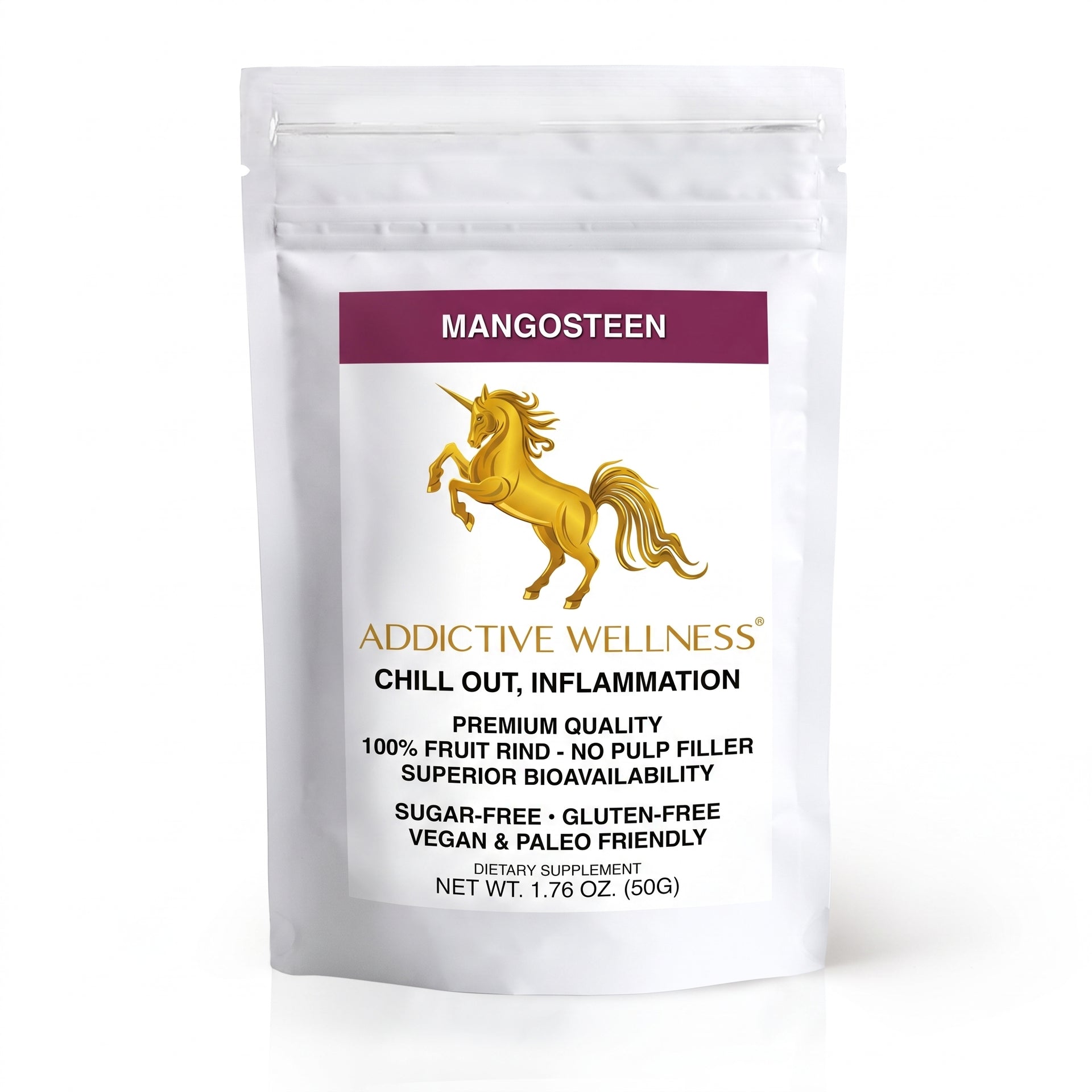 A white stand-up pouch of Addictive Wellness Chill Out, Inflammation supplement, featuring a purple 'MANGOSTEEN' label, a gold unicorn graphic, and black text on a white background.