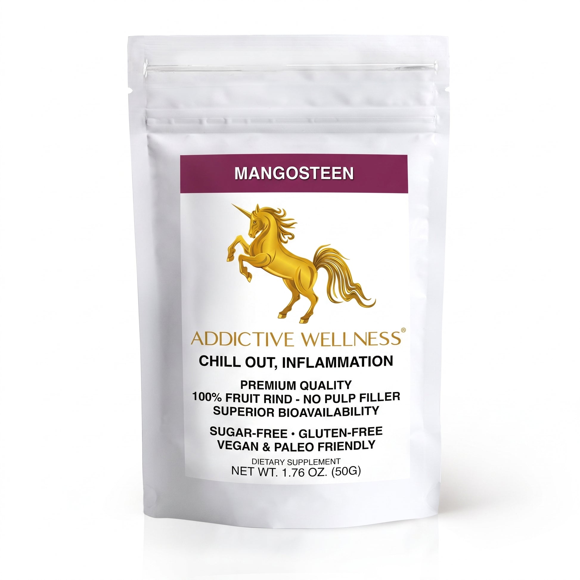 A white stand-up pouch of Addictive Wellness Chill Out, Inflammation supplement, featuring a purple 'MANGOSTEEN' label, a gold unicorn graphic, and black text on a white background.