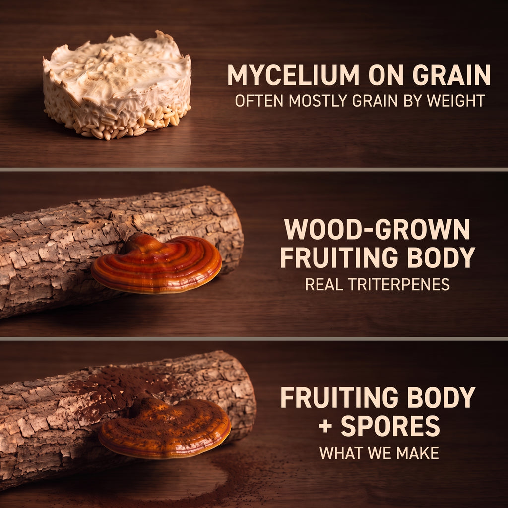 Three-panel product graphic on a dark wood background showing mushroom products: a grain-like mycelium block labeled 'Mycelium on Grain,' a brown wood-grown fruiting body labeled 'Wood-Grown Fruiting Body,' and a fruiting body with spores on a log labeled 'Fruiting Body + Spores What We Make.'.