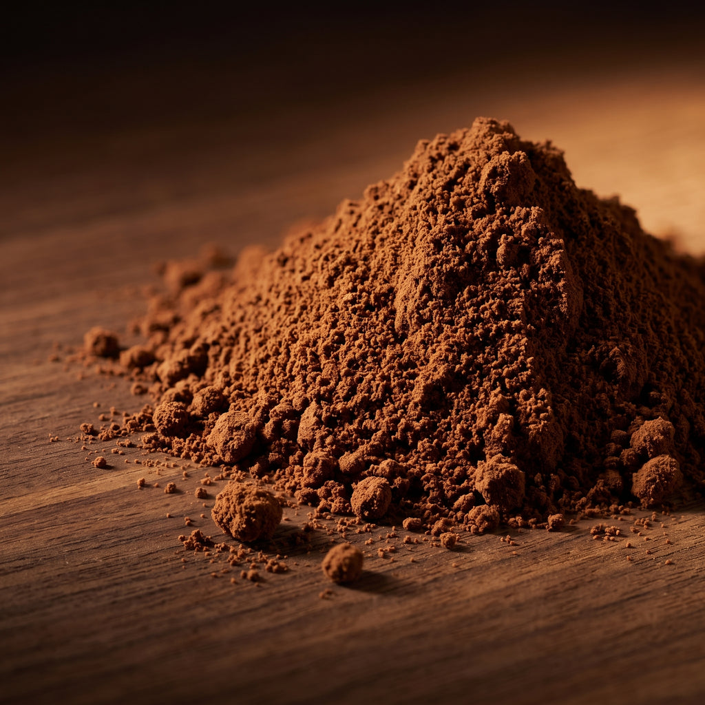 A small mound of fine brown powder, likely cocoa powder or ground coffee, scattered on a dark wooden surface with a warm, moody background.