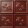 Four dark brown chocolate squares arranged in a 2x2 grid, each embossed with a raised unicorn design.
