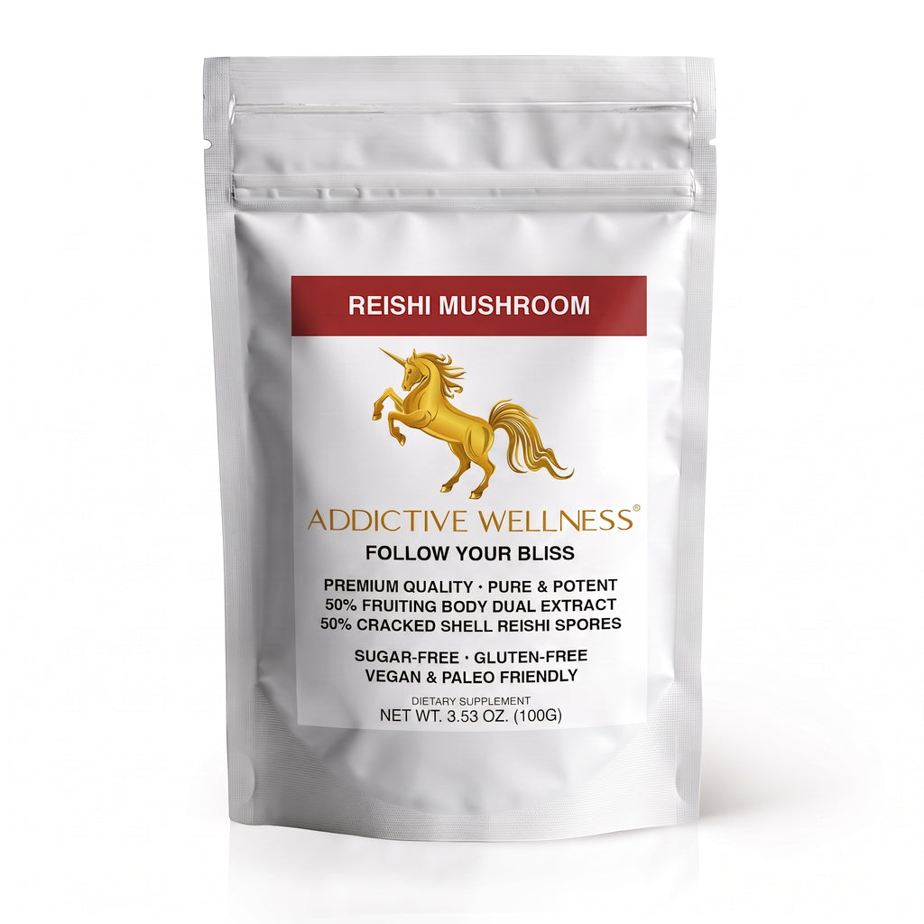 A silver stand-up pouch of Addictive Wellness Reishi Mushroom dietary supplement, featuring a white label with a red header, gold unicorn logo, and black text on a white background.