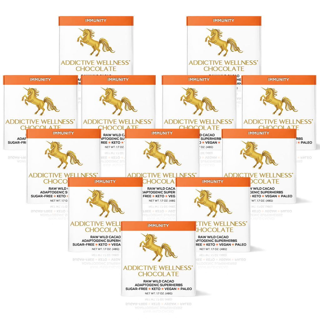 12 boxes of Addictive Wellness Chocolate with a unicoern logo on a white background