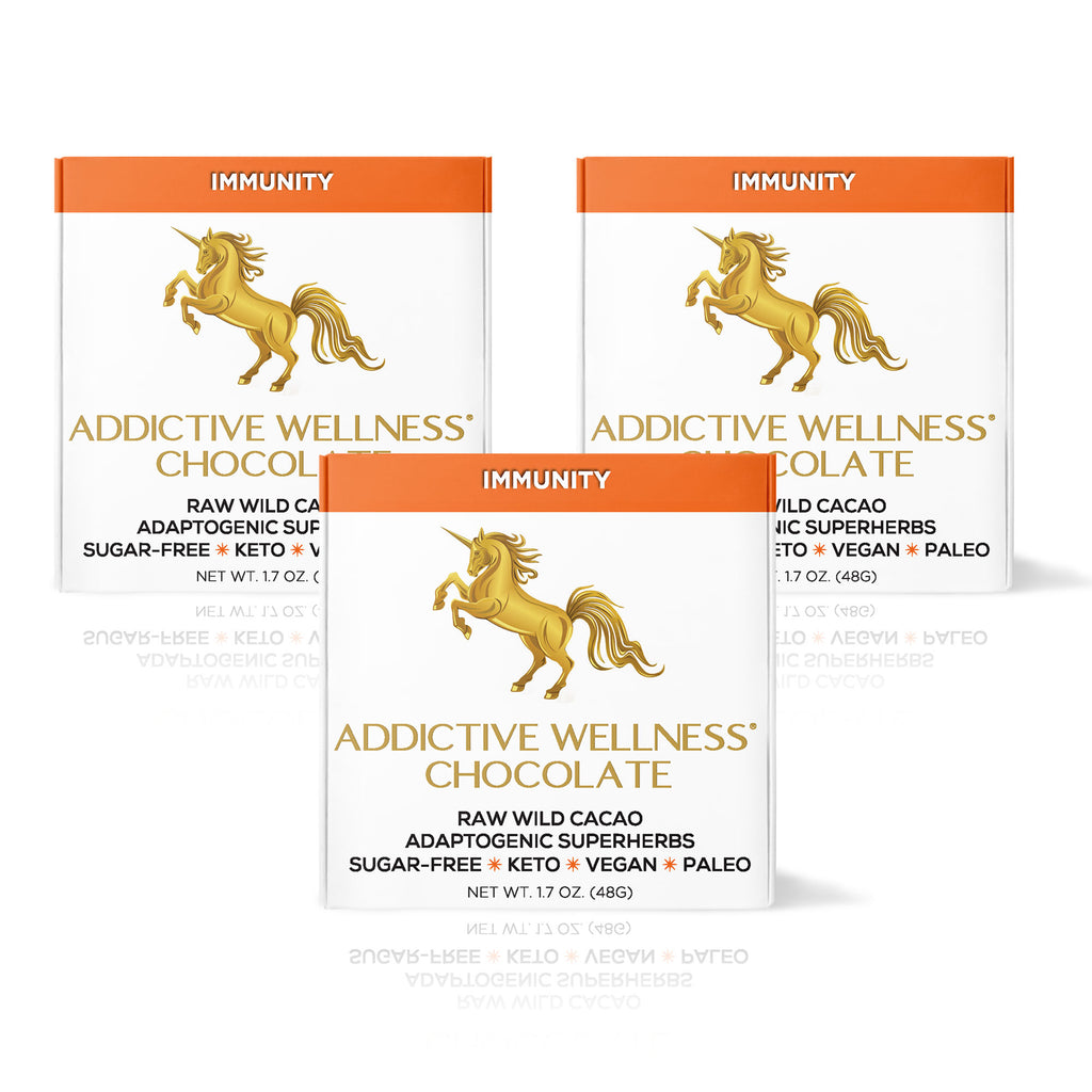 Three packages of Addictive Wellness Chocolate with a gold unicorn logo on a white background.