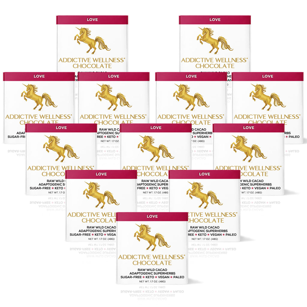 Multiple packages of Addictive Wellness Chocolate with a gold horse logo on a white background.