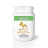 A white plastic jar of Addictive Wellness Elixir Blends Focused Energy Matcha, featuring a green label banner and a gold unicorn logo on a white background.