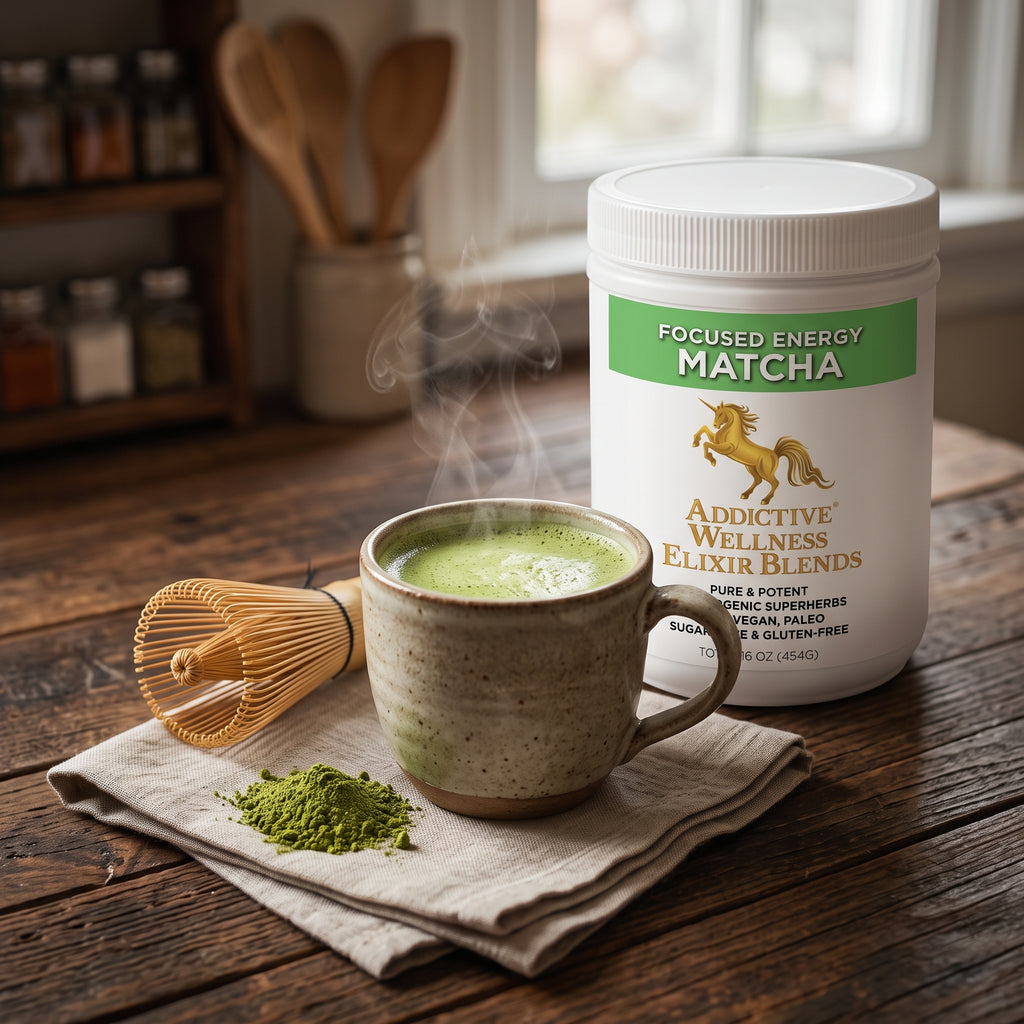 A white tub of Addictive Wellness Elixir Blends Focused Energy Matcha stands on a wooden table beside a ceramic mug of green matcha tea, a bamboo whisk, and a small pile of loose matcha powder.