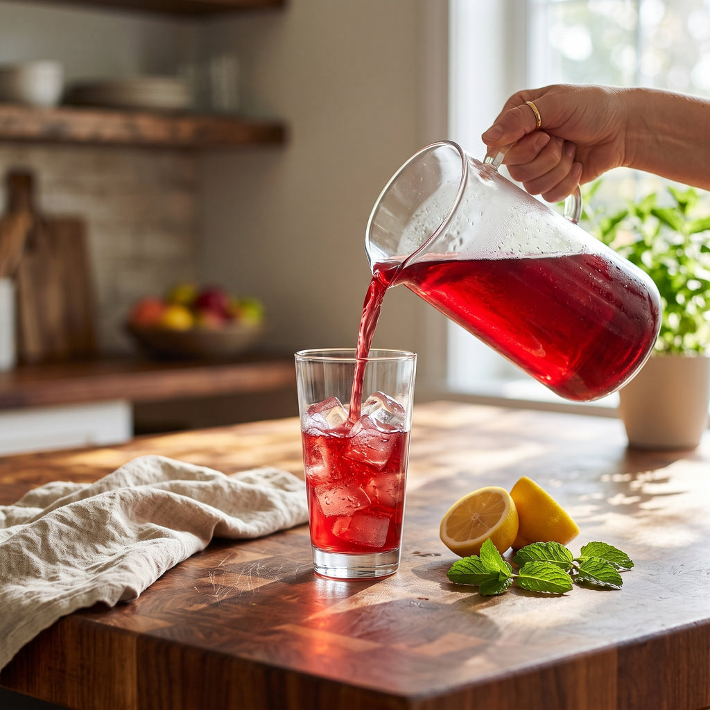 A hand pours a clear glass pitcher filled with red iced beverage into a tall glass on a wooden table, with lemon halves, mint leaves, and a blurred kitchen background.