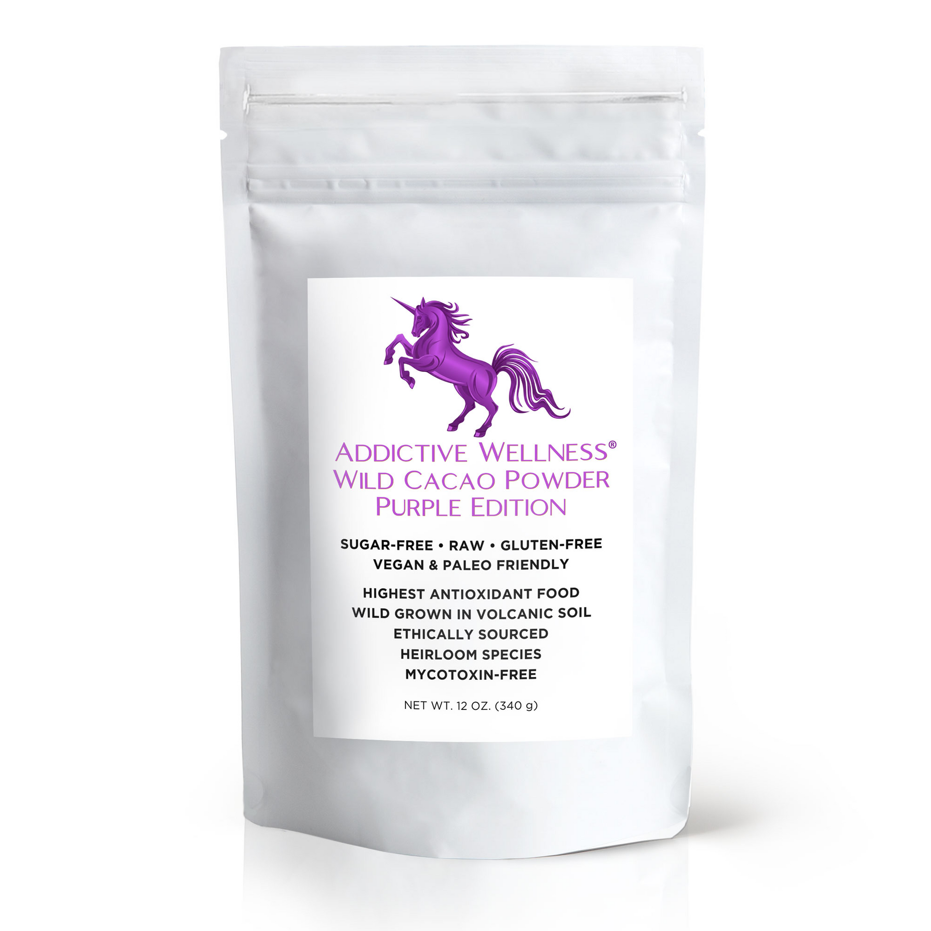 White packaging of Addictive Wellness Wild Cacao Powder with a unicorn logo on a white background