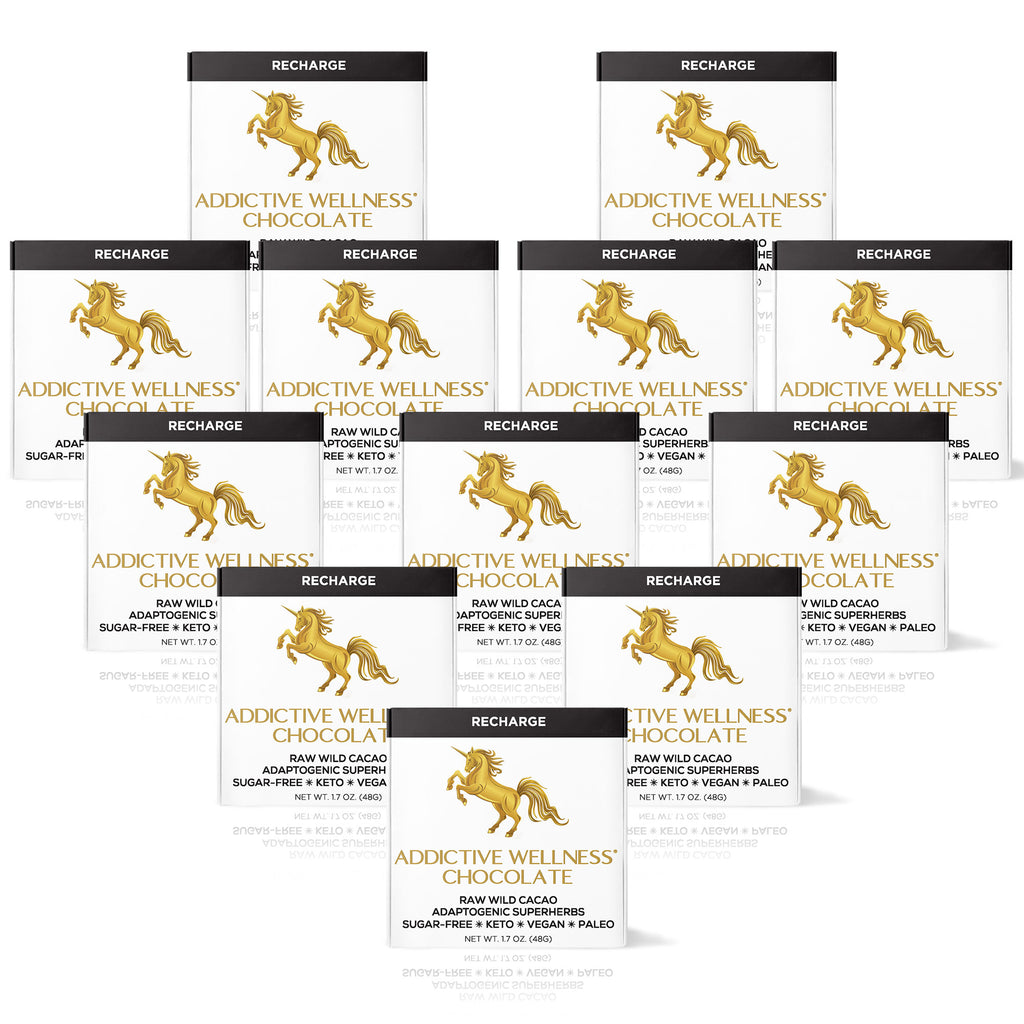 Multiple packages of Addictive Wellness Chocolate with a gold unicorn logo on a white background.