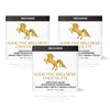 Three packages of Addictive Wellness Chocolate with a gold unicorn logo on a white background.