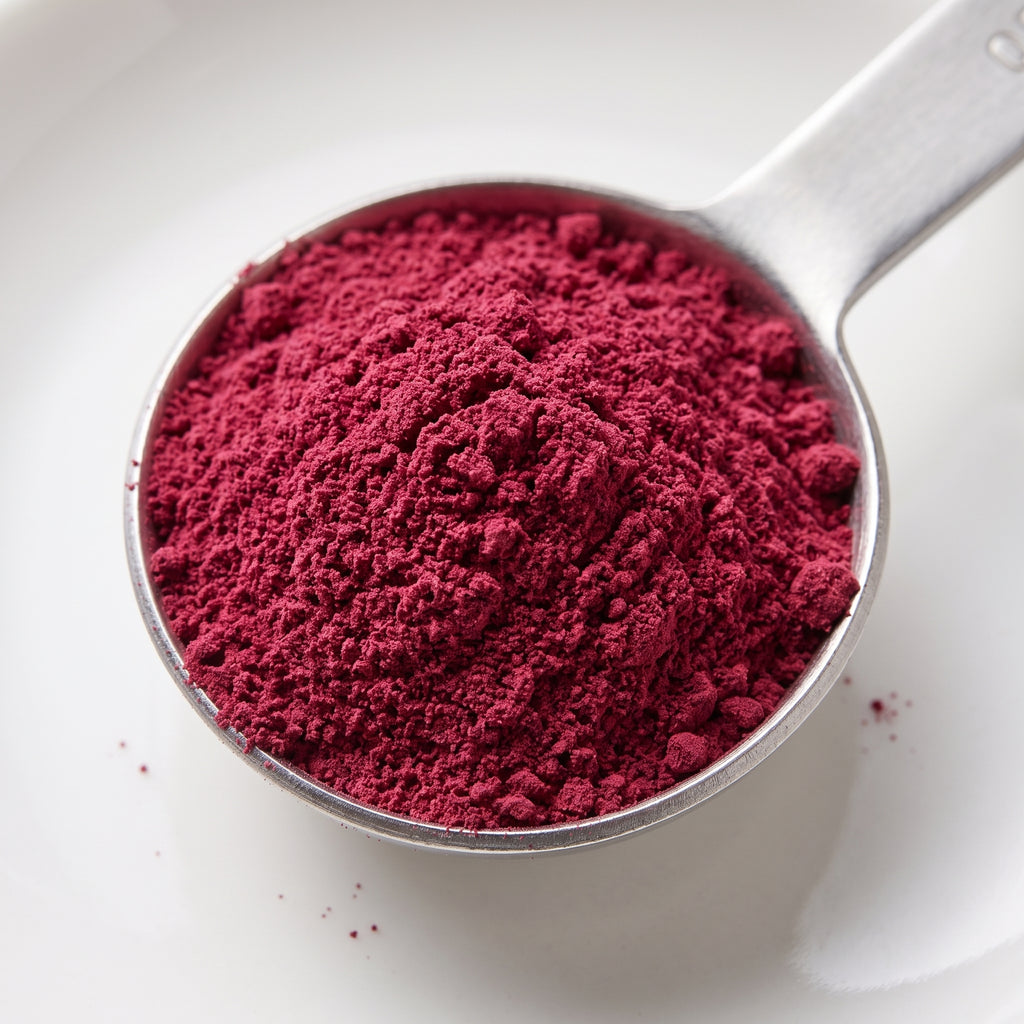 A metal measuring scoop filled with a vivid deep pinkish-red powder, photographed from above on a clean white background.