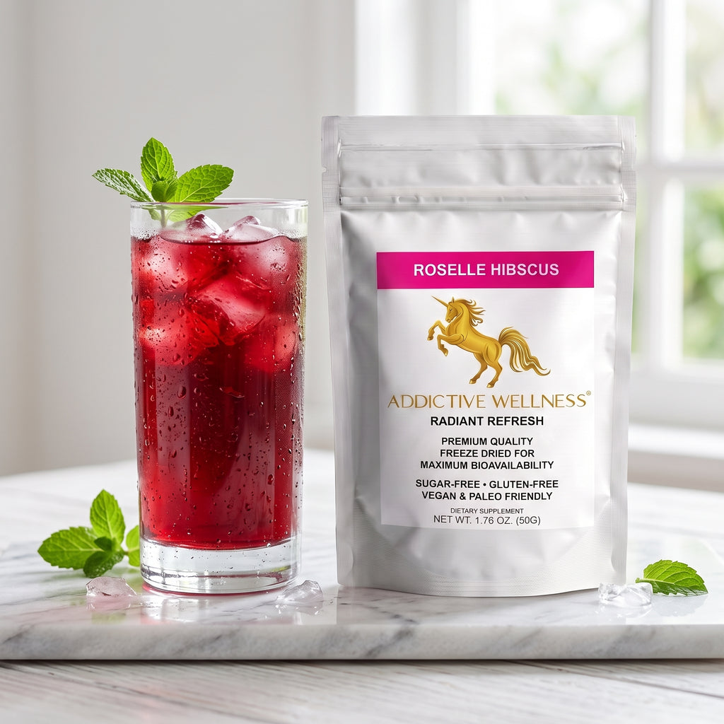 A stand-up pouch of Addictive Wellness Radiant Refresh supplement next to a glass of red iced hibiscus drink with mint leaves on a marble surface.
