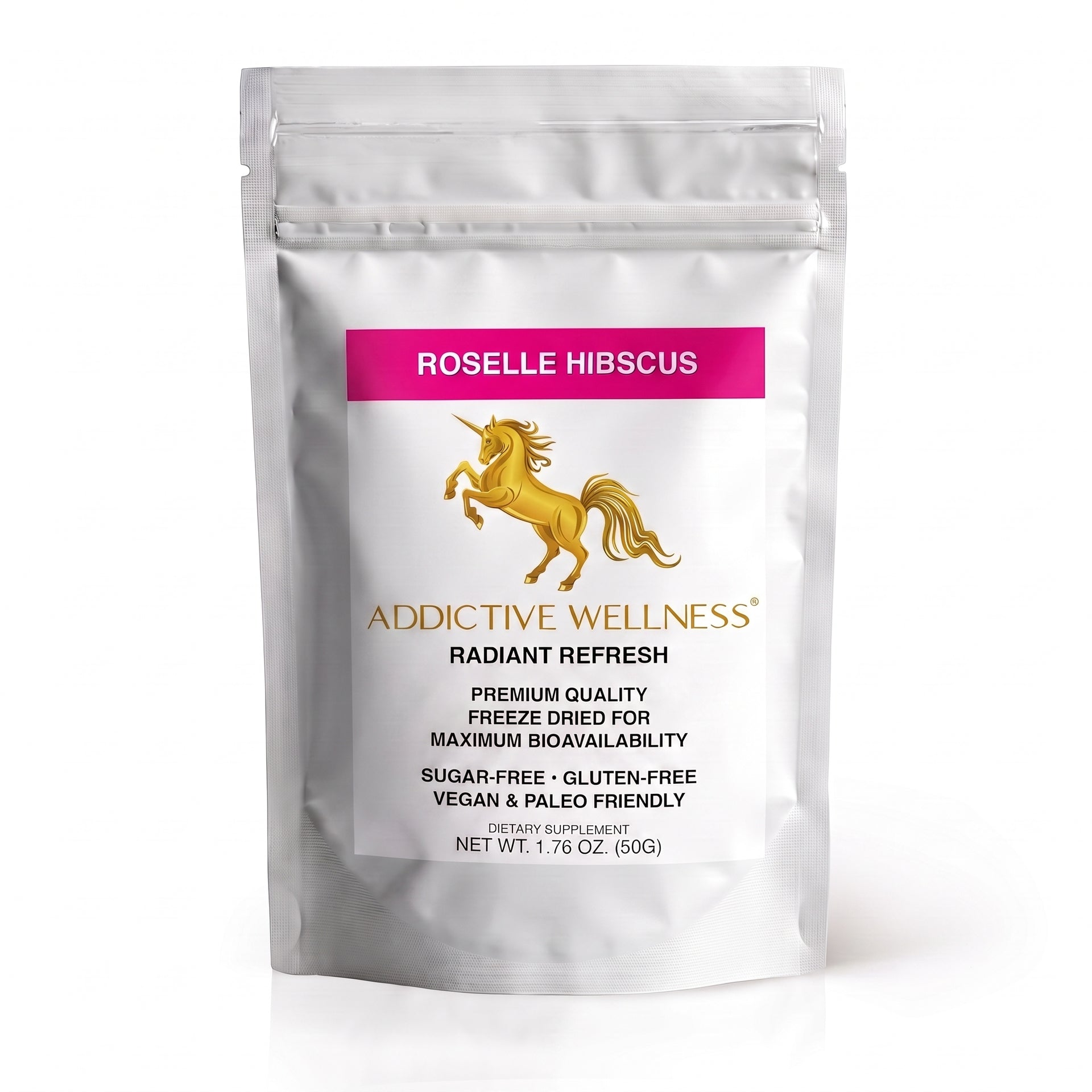 A silver stand-up pouch of Addictive Wellness Roselle Hibiscus Radiant Refresh dietary supplement, featuring a pink label and a gold unicorn logo on a white background.